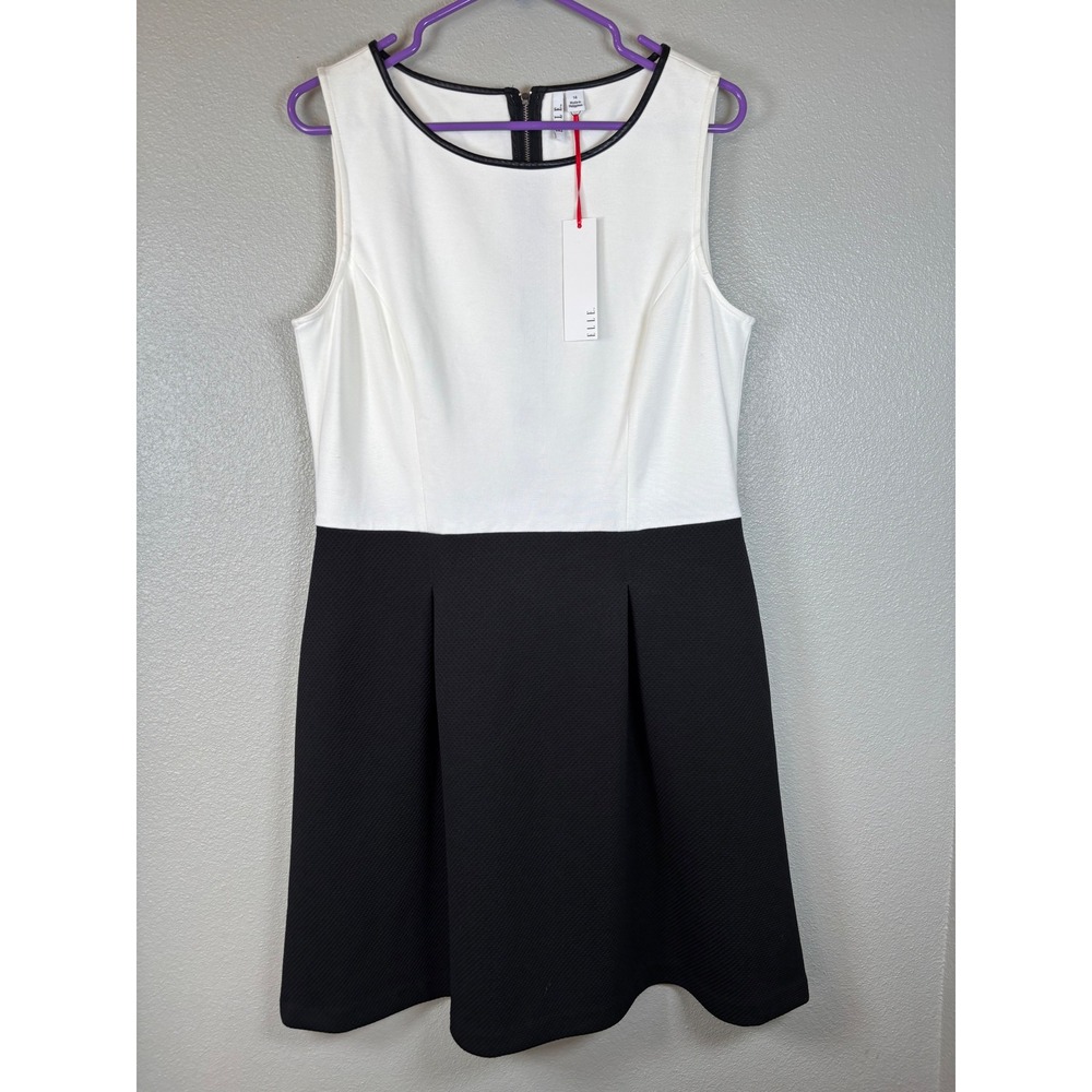 ELLE Women Colorblock Sleeveless Zipper Dress Size 14 Black White Pleated NWT